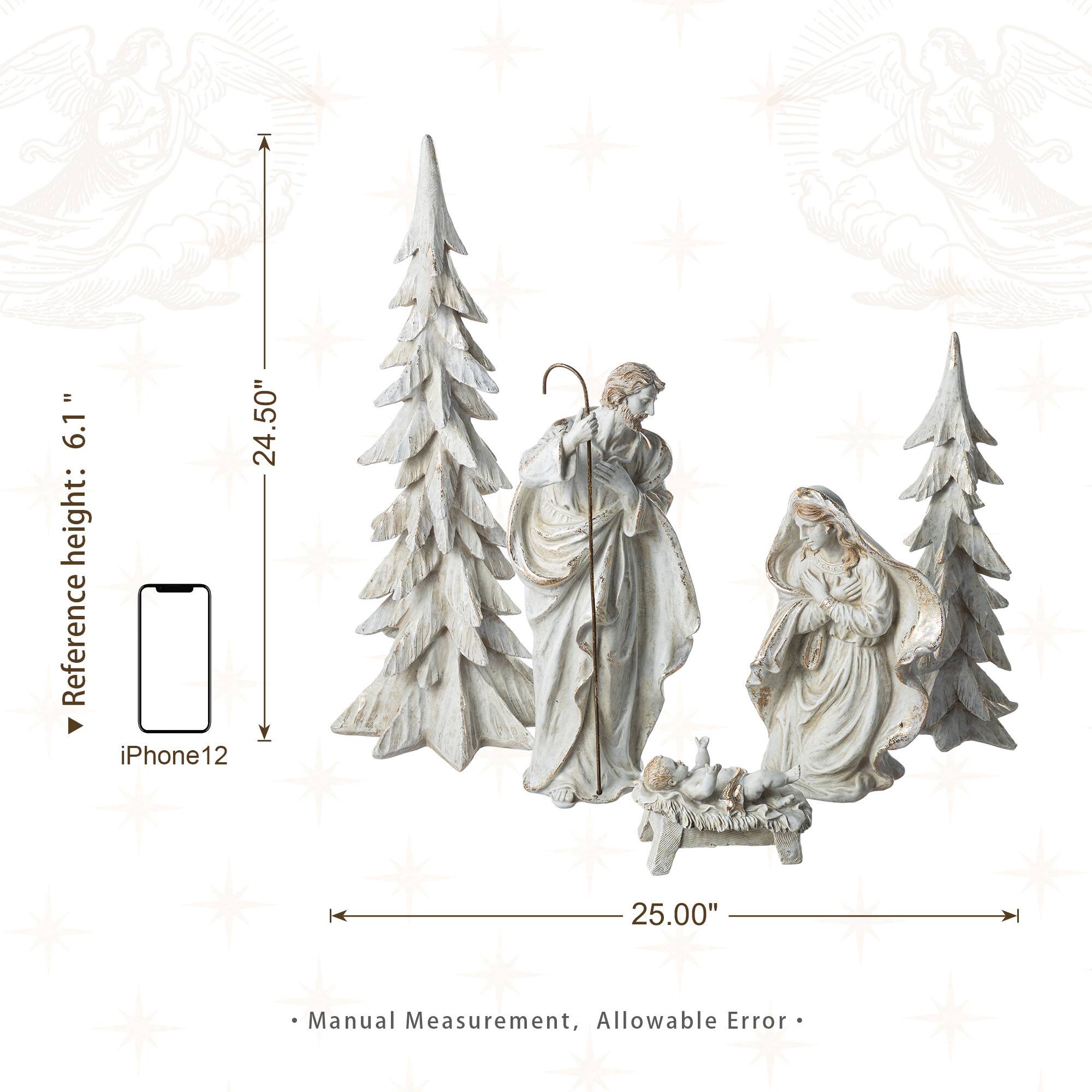 Glitzhome® 5-Piece White & Gold Resin Holy Family with Christmas Trees Set